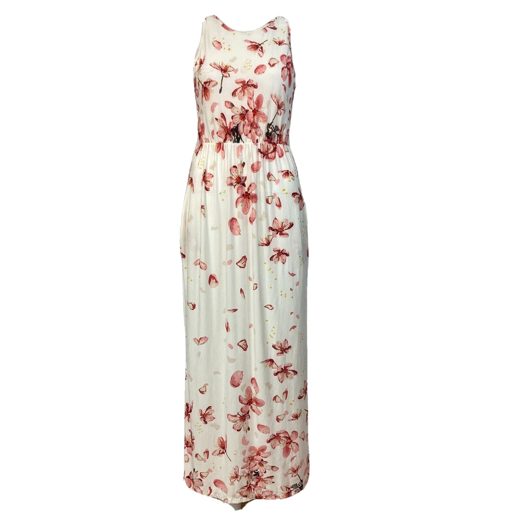 Eloges Dress Womens Sz M Ivory Pink Floral Sleeveless Maxi Stretch Pockets‎